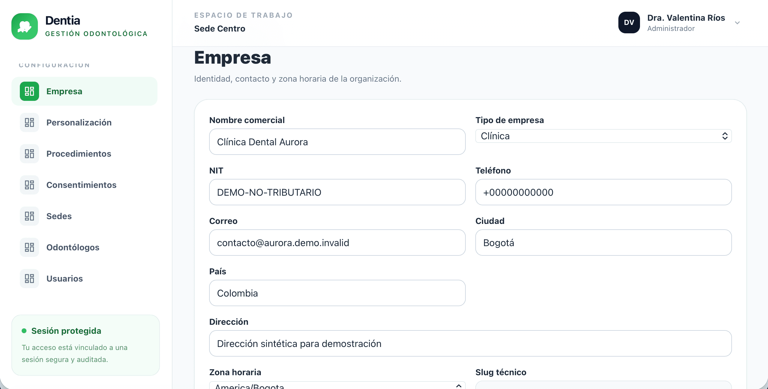 Configuración de empresa y sedes en Dentia