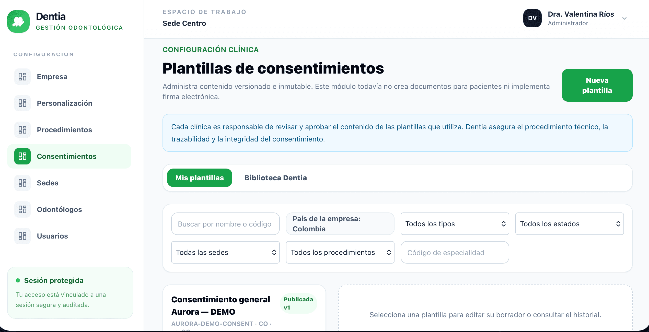 Configuración y gestión de plantillas de consentimientos en Dentia
