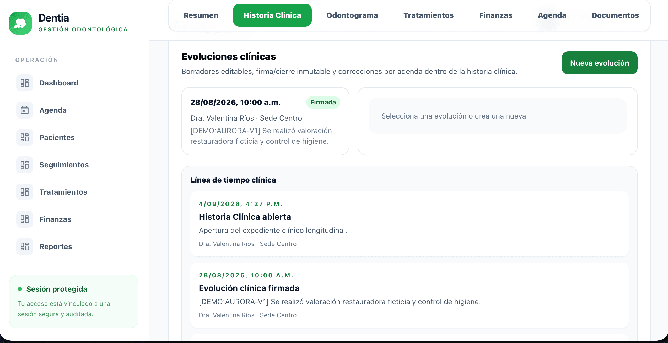Historia clínica de Dentia con evolución firmada y línea de tiempo