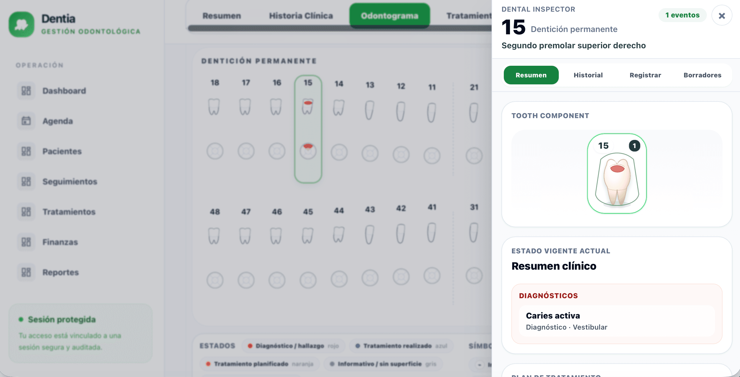 Odontograma clínico dual de Dentia con Dental Inspector
