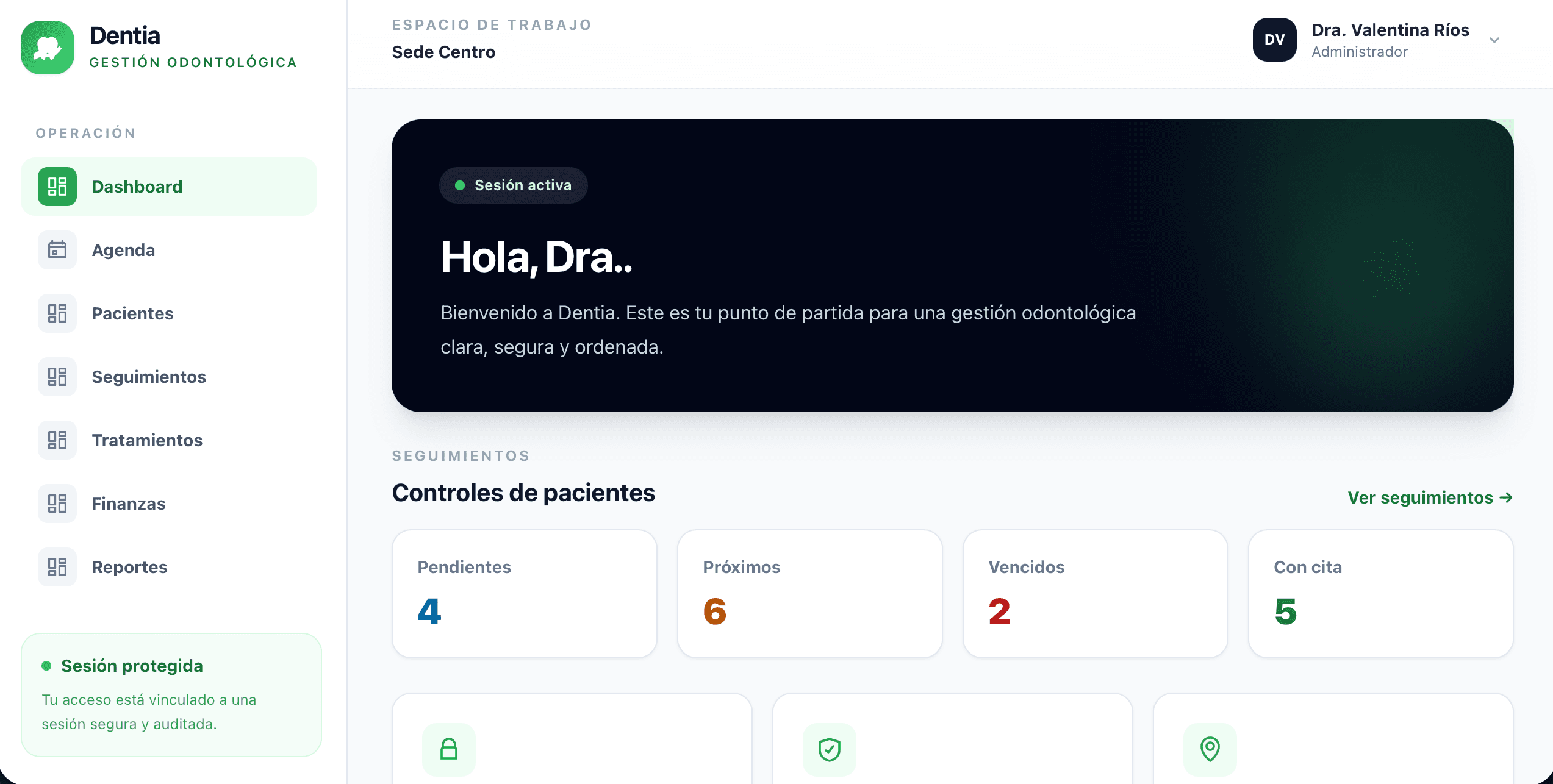 Dashboard de Dentia con controles de pacientes pendientes, próximos y programados